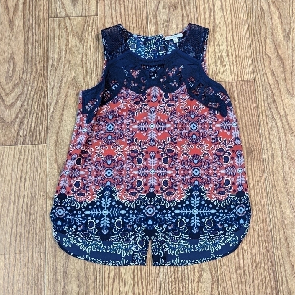 Pale Sky Sleeveless Blouse with Lace Yoke Red White Blue July 4 Women's Size SP